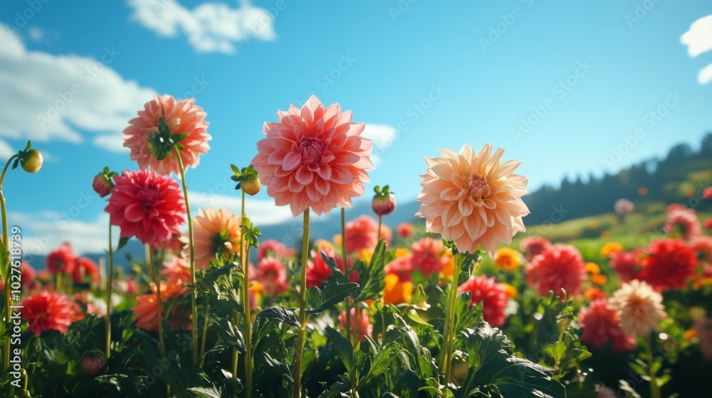 Pink and Peach Dahlias Blooming in a Field Under a Blue Sky Pink and Peach Dahlias Blooming in a Field Under a Blue Sky