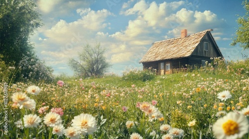A Rustic Cabin Nestled Amidst a Blooming Meadow