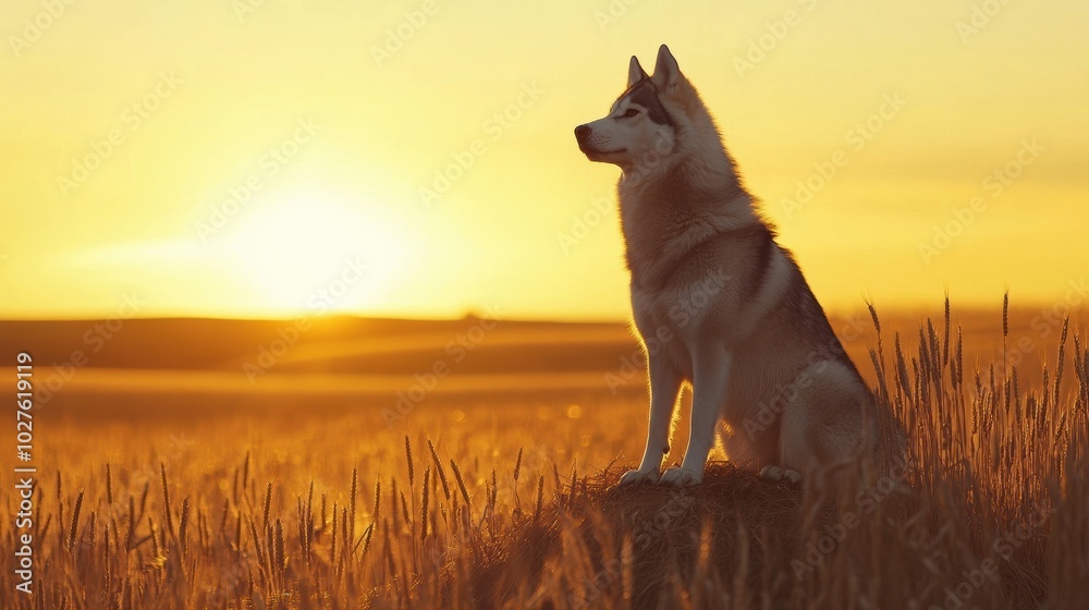 Alert husky on lookout atop small hill in wheat field Alert husky on lookout atop small hill in wheat field