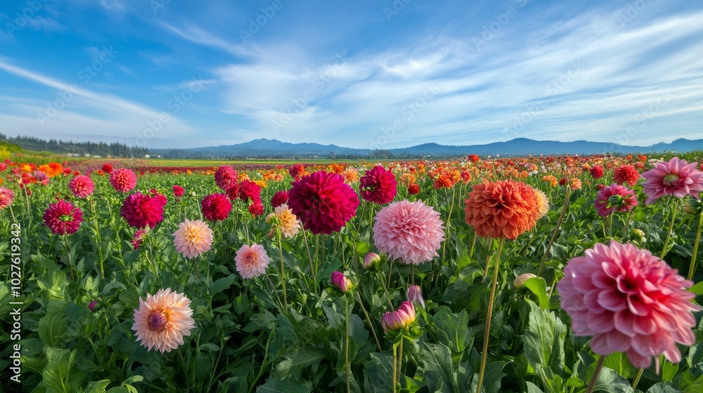 Colorful Dahlia Blooms in a Field with a Mountain View Colorful Dahlia Blooms in a Field with a Mountain View