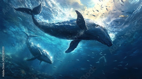 Whales surfacing amidst scattering fish