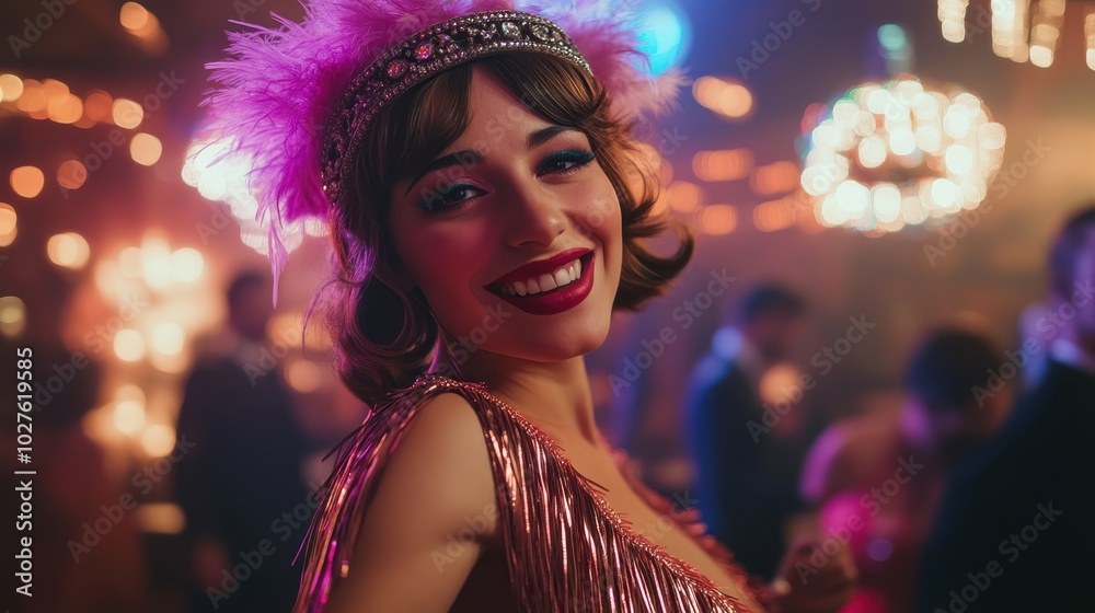 Glamorous Woman in Flapper Costume with Fringe Details Glamorous Woman in Flapper Costume with Fringe Details