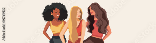 Women's day. Women's group of happy smiling women. Girls of different cultures and skin colors. Feminism. Movements for gender equality and women's empowerment. Vector banner with space for text 