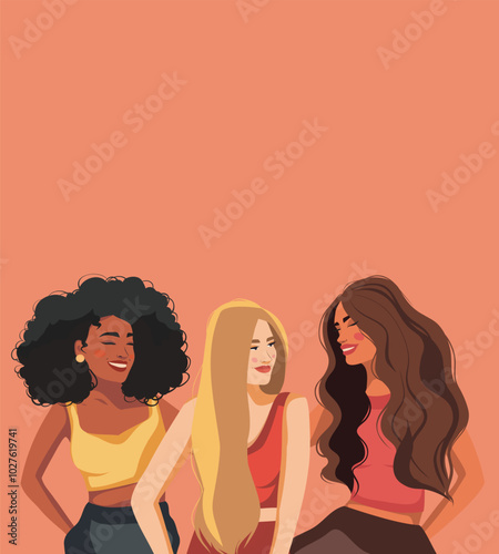 Women's day. Women's group of happy smiling women. Girls of different cultures and skin colors. Feminism. Movements for gender equality and women's empowerment. Vector banner with space for text 