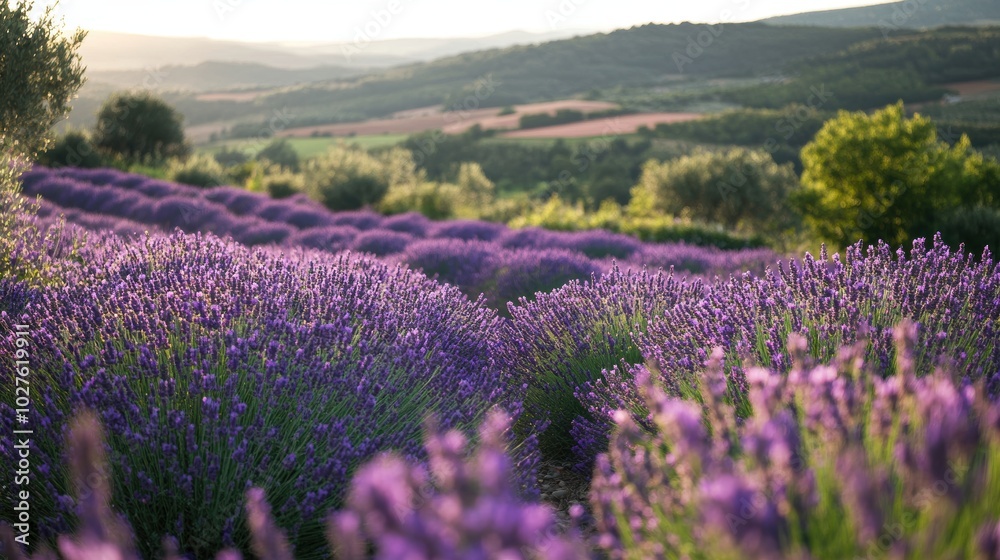Naklejka premium Bee eye view of purple blossoms stretching to rose horizon