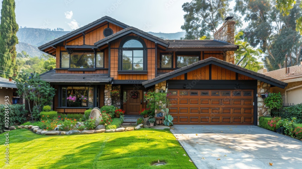 Charming suburban house with stone accents surrounded by lush greenery on a sunny afternoon in the neighborhood. Generative AI Charming suburban house with stone accents surrounded by lush greenery on a sunny afternoon in the neighborhood. Generative AI