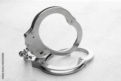 Classic chain handcuffs on light grey table, closeup photo