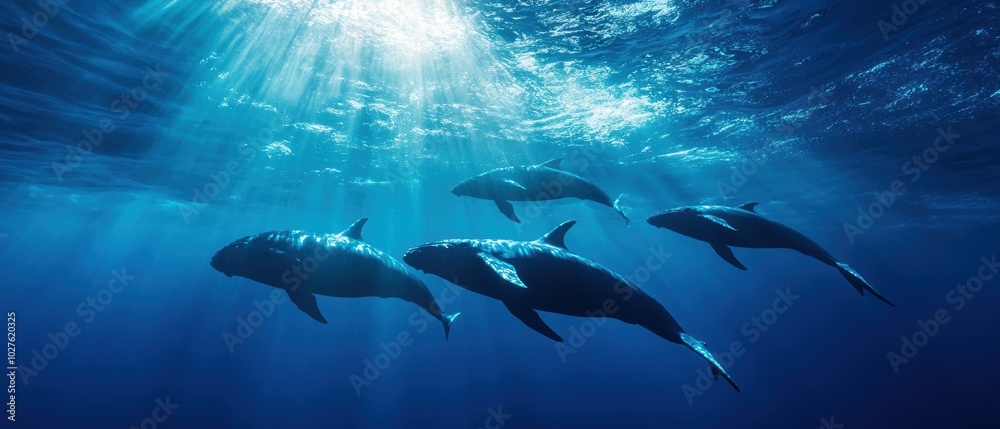 Panoramic view of whale pod in endless blue ocean Panoramic view of whale pod in endless blue ocean