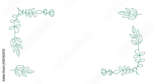 Frame, border. Floral ornament. Abstract Flowers, branches and leaves. Banner, space for text. Set of simple drawings of plants. Collection, Hand-drawn linear drawing for print, cover, card