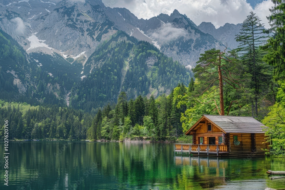 A cabin is situated on a lake surrounded by trees, generative ai image A cabin is situated on a lake surrounded by trees, generative ai image