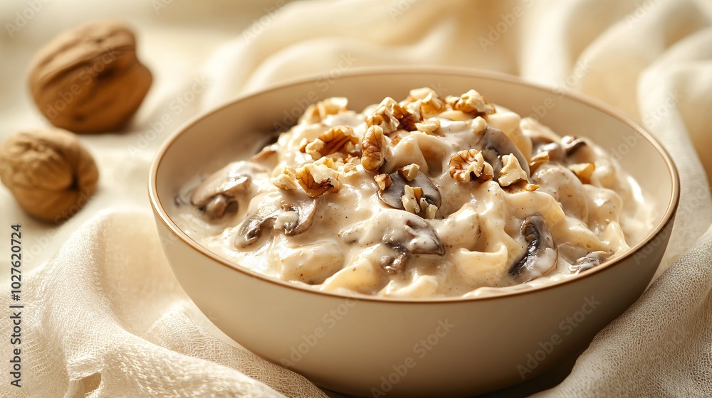 A bowl of creamy mushroom pasta topped with crushed walnuts, isolated against a soft-focus beige background with delicate fabric draping