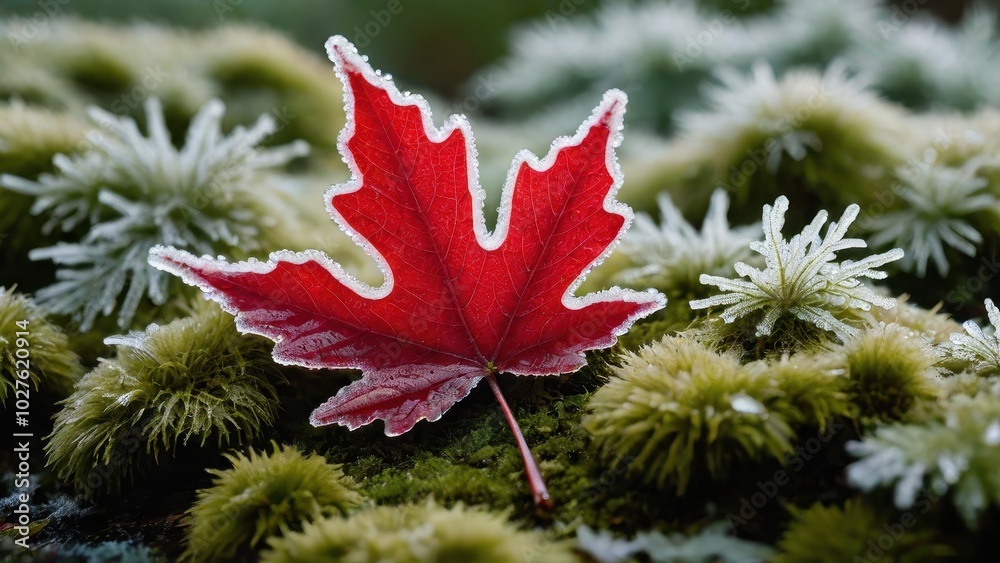 A frost-covered red leaf lying on green moss, surrounded by frosted grass-like plants. The intricate ice crystals create a striking wintery composition against the natural green and red tones A frost-covered red leaf lying on green moss, surrounded by frosted grass-like plants. The intricate ice crystals create a striking wintery composition against the natural green and red tones