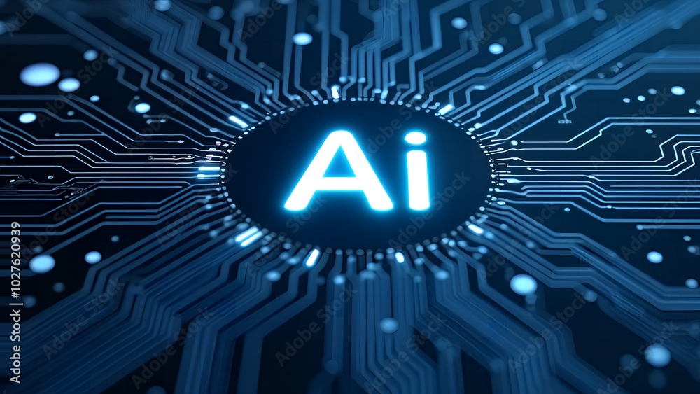 Neon glowing AI chip with thin circuits in futuristic tech scene with semiconductor onboard Neon glowing AI chip with thin circuits in futuristic tech scene with semiconductor onboard