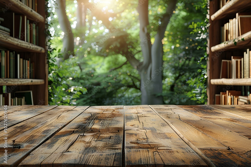 A wooden table with a bookshelf in the background A wooden table with a bookshelf in the background