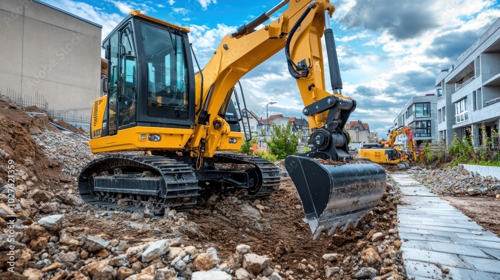 Compact construction equipment, like a mini-excavator, at a job site. Compact construction equipment, like a mini-excavator, at a job site.