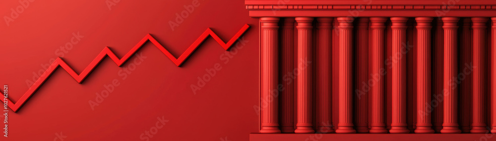 Graph and columns on red background representing business growth and stability. Graph and columns on red background representing business growth and stability.