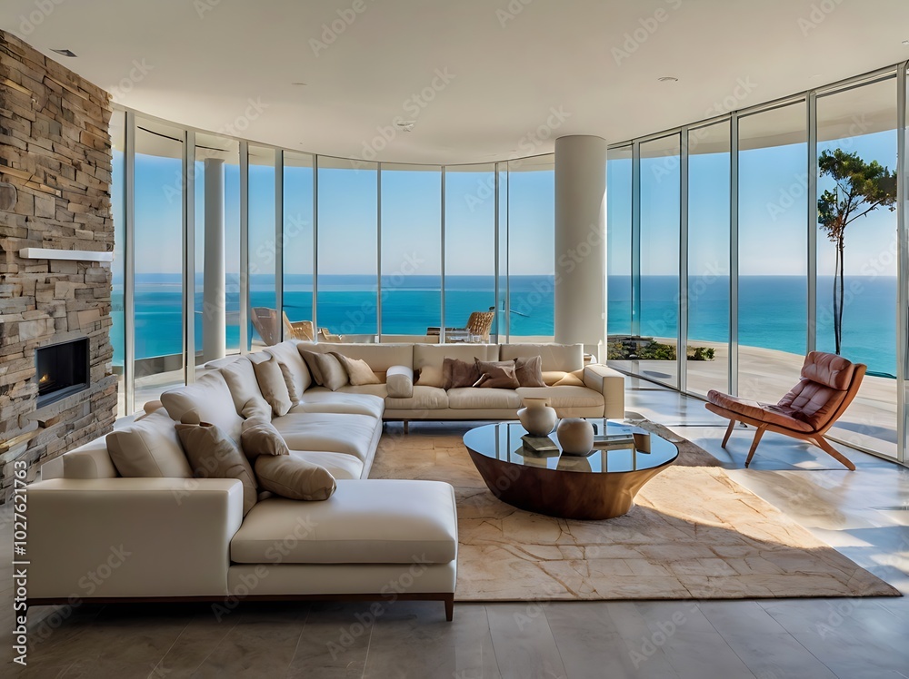 Luxury beach house living room with panoramic coastal view and modern ...