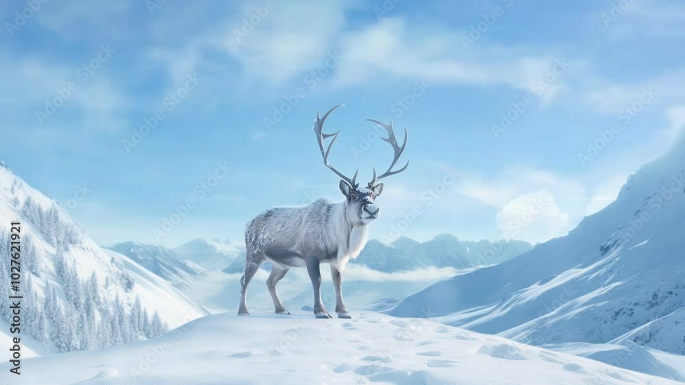 A majestic reindeer stands in a snowy mountain landscape, surrounded by winter wilderness and falling snowflakes, embodying the beauty of nature.