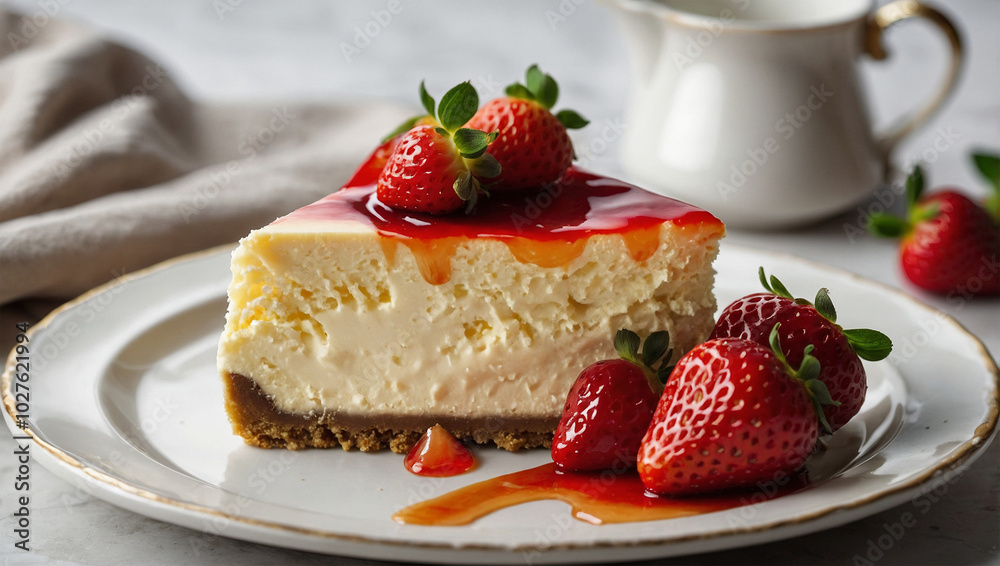 Creamy cheesecake topped with fresh strawberries and glaze, served on a white plate with a golden crust. Creamy cheesecake topped with fresh strawberries and glaze, served on a white plate with a golden crust.