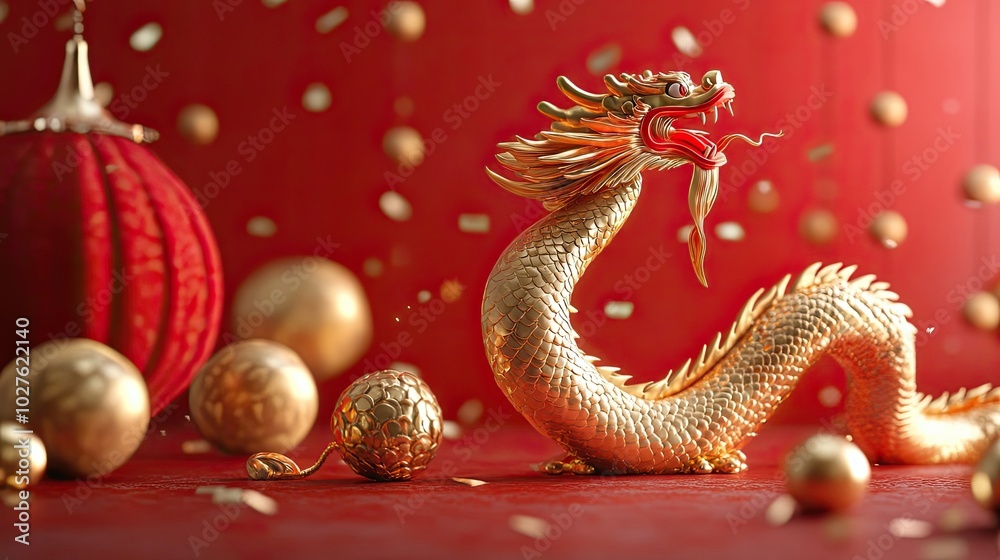Golden Dragon Figurine with Red Background and Gold Orbs Golden Dragon Figurine with Red Background and Gold Orbs