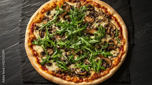 A decadent mushroom and truffle oil pizza, topped with arugula, set against a black slate background with elegant gold accents