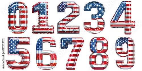 Set of numbers 0-9 American flag theme. Illustration of set of numbers, isolated on white transparent background PNG.