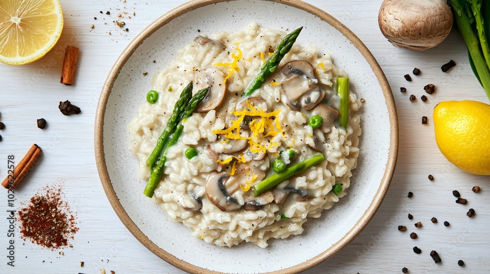 A plate of creamy mushroom and asparagus risotto, garnished with lemon zest, placed on a light-colored wooden surface with scattered spices A plate of creamy mushroom and asparagus risotto, garnished with lemon zest, placed on a light-colored wooden surface with scattered spices