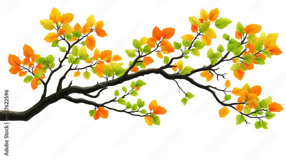 A branch with green and orange leaves isolated on a white background. A branch with green and orange leaves isolated on a white background.