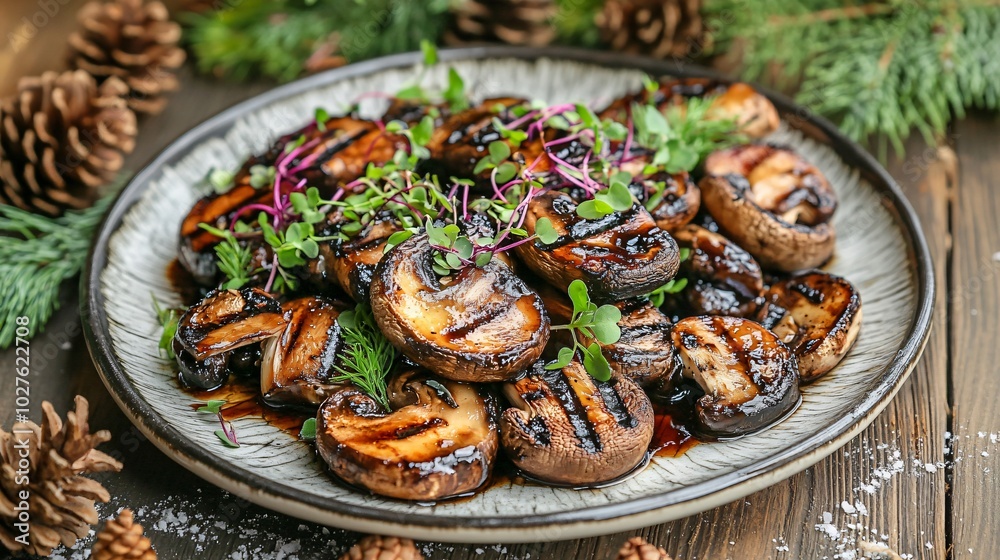 A plate of grilled mixed mushrooms with balsamic glaze, garnished with microgreens, set against a rustic barn wood background with scattered pinecones A plate of grilled mixed mushrooms with balsamic glaze, garnished with microgreens, set against a rustic barn wood background with scattered pinecones