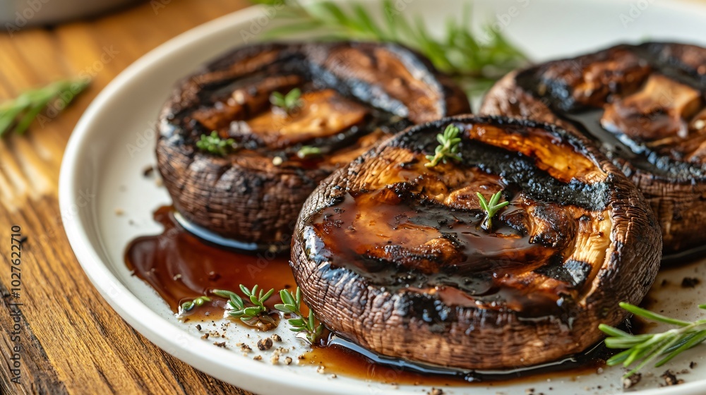 A plate of grilled portobello mushrooms with balsamic reduction, set against a soft-focus sunset background with beach elements