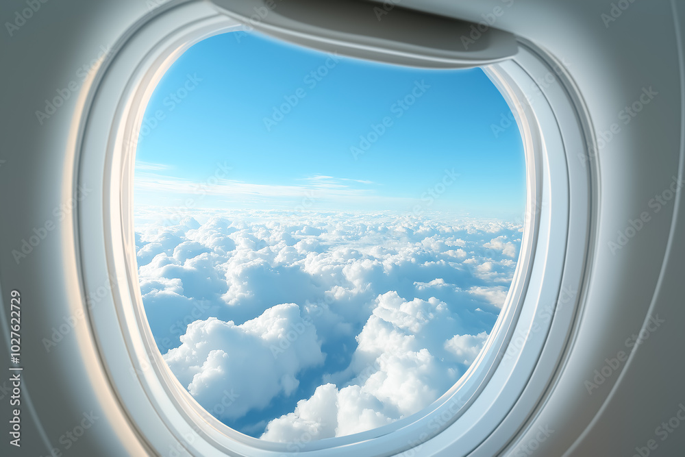 A scenic view of fluffy white clouds and a clear blue sky, as seen through the window of an airplane in flight. A scenic view of fluffy white clouds and a clear blue sky, as seen through the window of an airplane in flight.