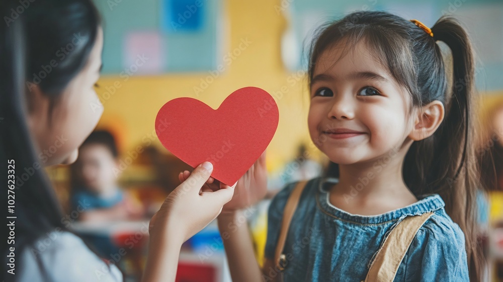 Young girl receives a red paper heart from a friend Young girl receives a red paper heart from a friend
