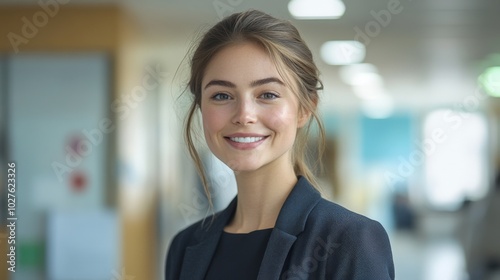 businesswoman smiling with her hair tied back standing in a hospital