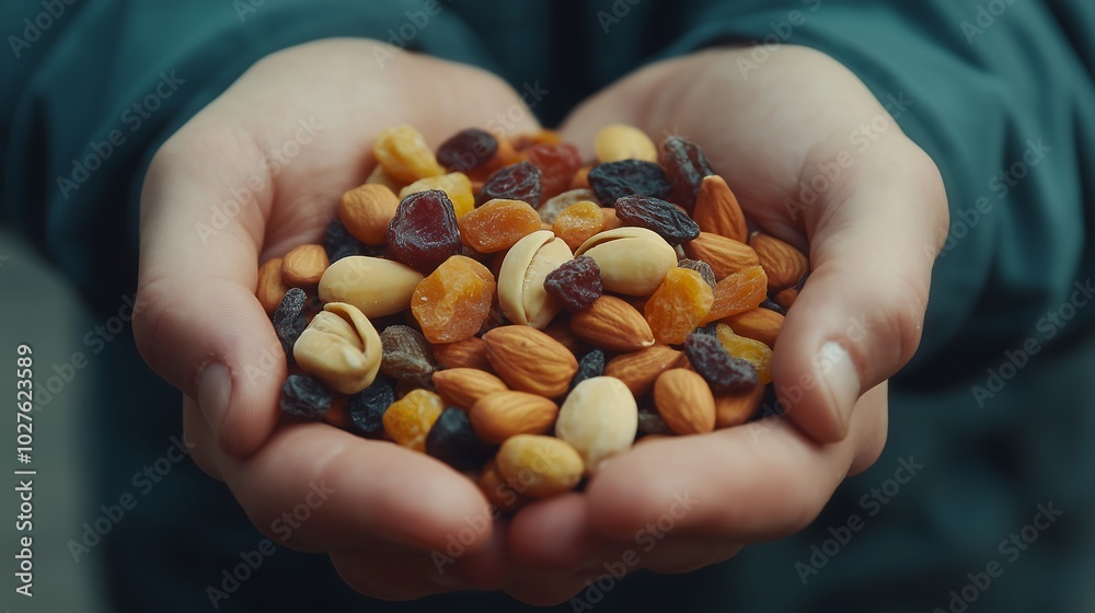 Handful of mixed nuts and dried fruits, portable brain-boosting snack, healthy and convenient.