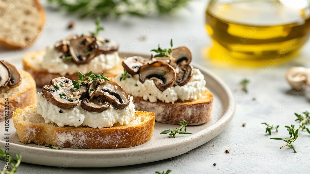 A serving of mushroom crostini topped with ricotta, against a minimalist background with elegant olive oil and herbs surrounding the plate A serving of mushroom crostini topped with ricotta, against a minimalist background with elegant olive oil and herbs surrounding the plate