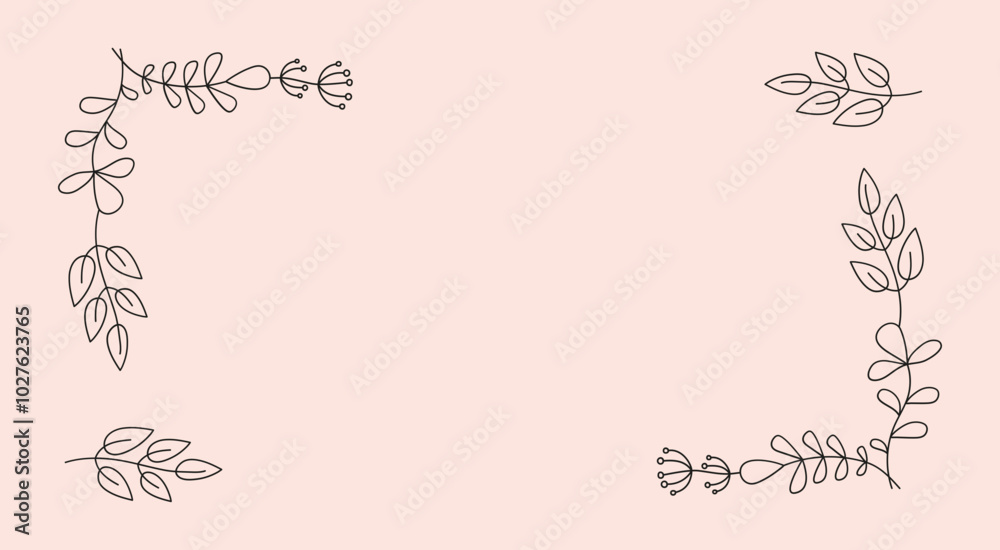 Frame, border. Floral ornament. Abstract Flowers, branches and leaves. Banner, space for text. Set of simple drawings of plants. Collection, Hand-drawn linear drawing for print, cover, card Frame, border. Floral ornament. Abstract Flowers, branches and leaves. Banner, space for text. Set of simple drawings of plants. Collection, Hand-drawn linear drawing for print, cover, card