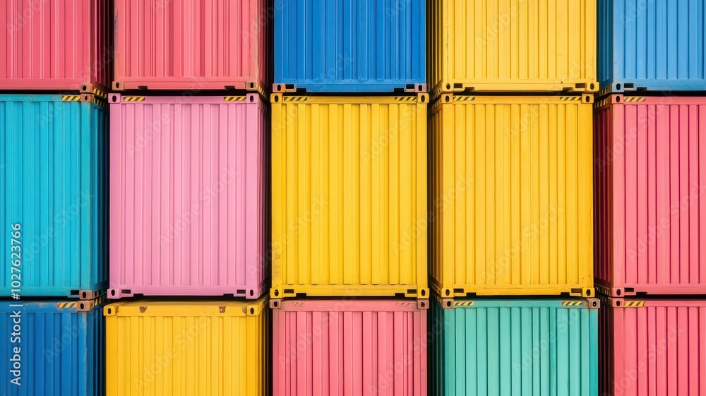 A vibrant arrangement of colorful shipping containers stacked together, showcasing various hues like pink, yellow, blue, and orange in an abstract pattern. A vibrant arrangement of colorful shipping containers stacked together, showcasing various hues like pink, yellow, blue, and orange in an abstract pattern.