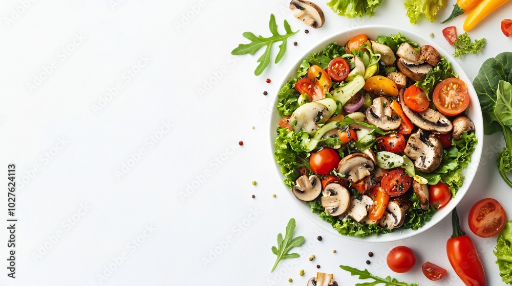 A vibrant mixed mushroom salad with vinaigrette, placed against a clean white background with fresh vegetables as decorative accents A vibrant mixed mushroom salad with vinaigrette, placed against a clean white background with fresh vegetables as decorative accents
