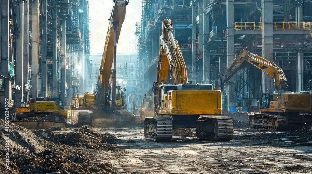 Industrial-grade construction equipment being used at a large-scale factory site. Industrial-grade construction equipment being used at a large-scale factory site.