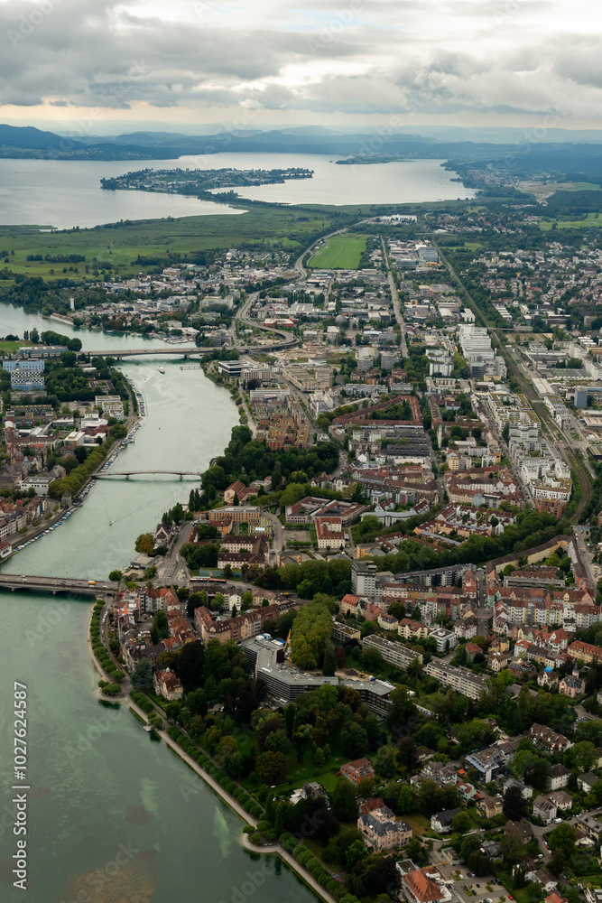Fototapeta premium Konstanz in Germany seen from a small plane