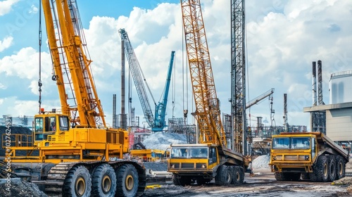 Massive cranes and loaders working at an industrial project.