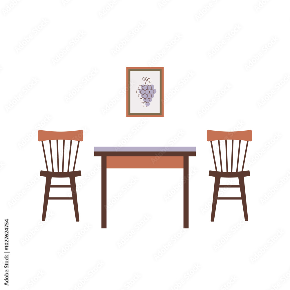 Fototapeta premium Interior flat color icon with two chairs, table and poster with grape