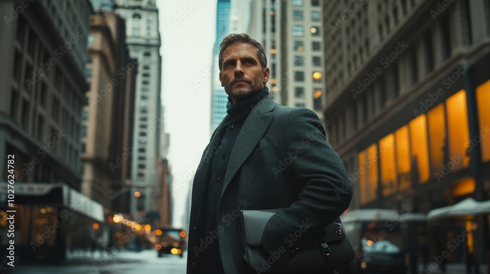 A businessman on the street, surrounded by office buildings A businessman on the street, surrounded by office buildings