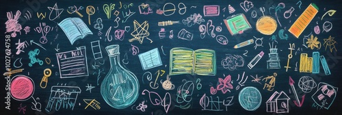 Vibrant chalkboard filled with imaginative doodles representing various school subjects, engaging and lively educational atmosphere