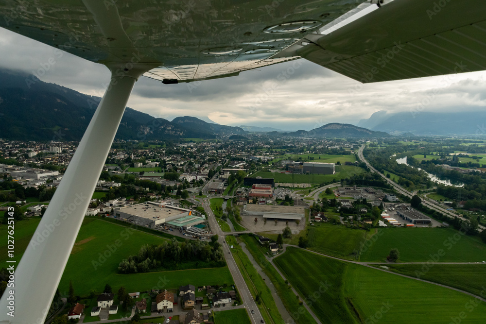 Rhine valley in Hohenems in Austria seen from a small plane Rhine valley in Hohenems in Austria seen from a small plane