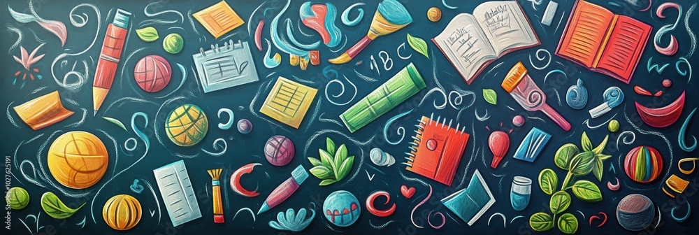 Vibrant chalkboard art featuring playful doodles of various school subjects, engaging and imaginative educational theme Vibrant chalkboard art featuring playful doodles of various school subjects, engaging and imaginative educational theme