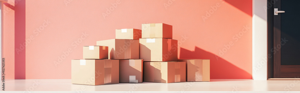 Cardboard boxes stacked near house color wall in bright setting, background Cardboard boxes stacked near house color wall in bright setting, background