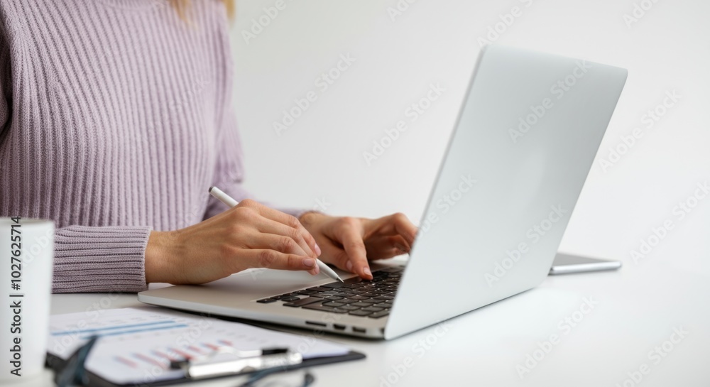 Contemporary Professional Woman Working on Laptop with Business Charts Contemporary Professional Woman Working on Laptop with Business Charts