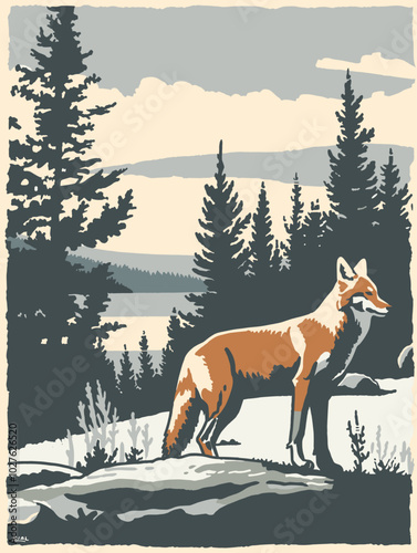 Maned wolf poster illustration featuring a forest scene in a national park, vintage flat design with limited colors, abstract silhouette style, 2D vector travel art