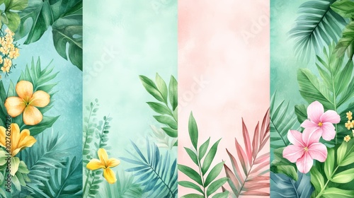 Vibrant tropical plants and flowers background lush green foliage and blossoms for nature inspired designs photo